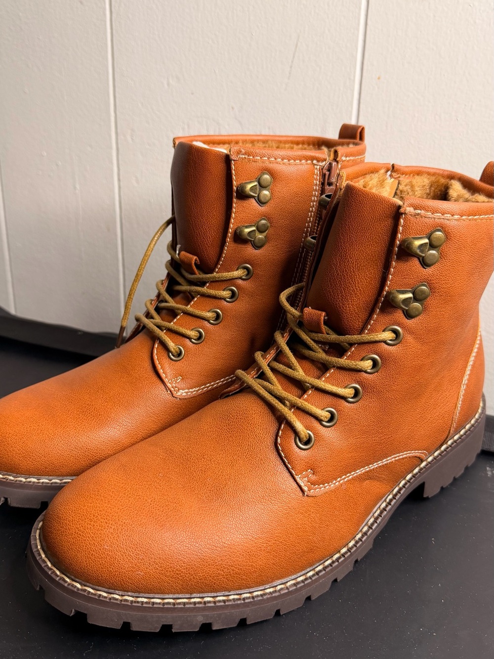 Men's Brown Lace-Up Leather Work Boots with Side Zip